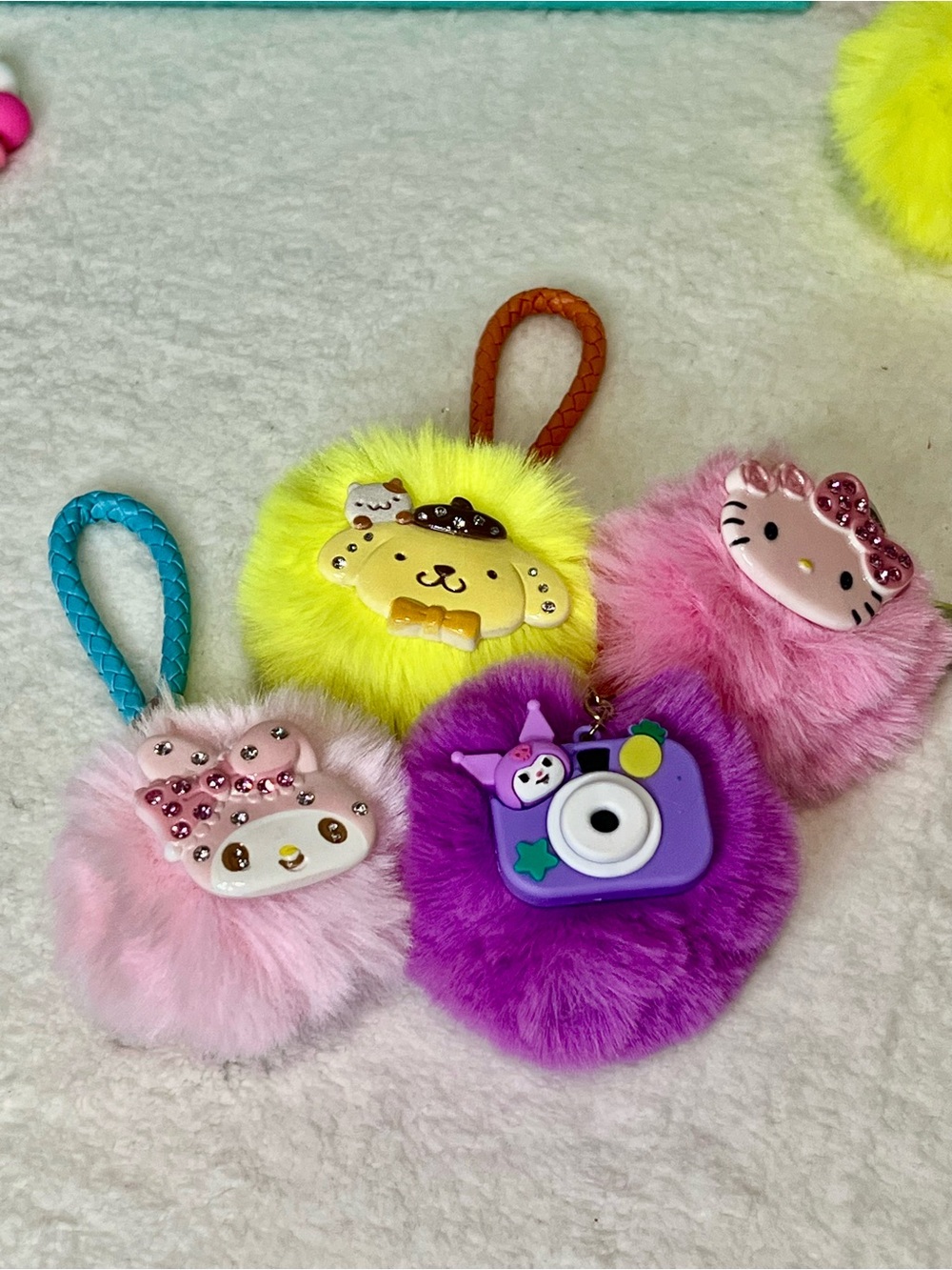 Cute Sanrio Hello Kitty  Fuzzy Pom Keychains - Yellow, Pink, Purple, Light Pink